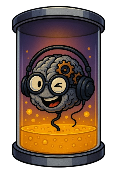 Logo RG Brain Labs: Cérebro em tubo de laboratório, simbolizando inovação e experimentação